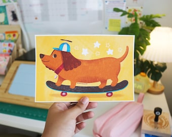 Cute Dog Riding Skateboard Print | Colorful Illustration Wall Art | Eclectic Room Decor | Whimsical Kitschy Print for Home | Nursery Artwork