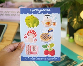 Cottagecore Aesthetic Sticker Sheet | Cute Matte Decals for Scrapbooking | Whimsical Cozy Stationery Gift | Kawaii Frog Mushrooms Tea Jam