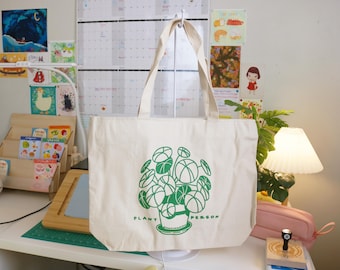 Extra Large Cotton Canvas Tote Bag | Screenprinted Plant Person Design | Gift for Plant Lovers | Nature Enthusiasts | Green Thumb Plant Mom