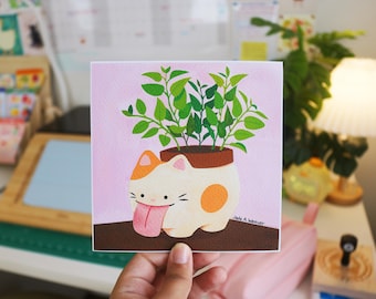 Kawaii Cat Planter Print | Cute Animal Plant Pot Illustration | Kitschy Home Decor | Whimsical Eclectic Poster Print | Nursery Room Artwork