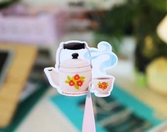 Cozy Cottagecore Teapot Sticker | Illustrated Cute Floral Teapot and Tea Cup Decal | Aesthetic Stationery Supplies | Gifts for Tea Lovers