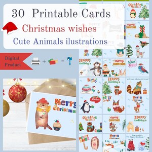 30 cartoline di Natale con simpatici animali - cartolina di Buon Natale stampabile, biglietti d'auguri per bambini, DOWNLOAD DIGITALE