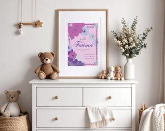 Custom Muslim Baby Girl Name Print | Islamic Birth Announcement, Purple Floral (Digital Download)