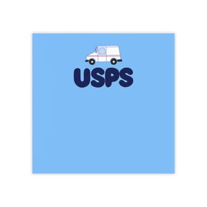 May include: A light blue background with a white USPS delivery truck at the top. Below the truck is the word "USPS" in dark blue, bubble letters. The image is a simple, graphic design.