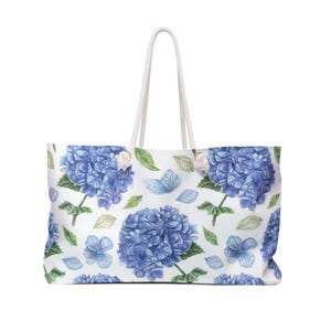 Bolsa de fin de semana con estampado floral de hortensias azules: bolso de viaje, bolso de playa