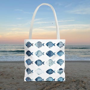 Blaue Fisch-Muster-Einkaufstasche | Strandtasche, umweltfreundliche Einkaufstasche, Sommerzubehör, Geschenk für Meeresliebhaber, Reisetasche