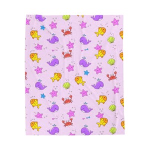 Ocean Friends Velveteen Plush Blanket | Whales, Fish, Crabs, Shells, Pink Background