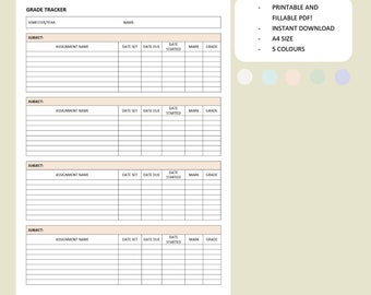 May include: A printable grade tracker with four sections for different subjects. Each section has columns for assignment name, date set, date due, date started, mark, and grade. The tracker is designed for easy organisation and tracking of academic progress.