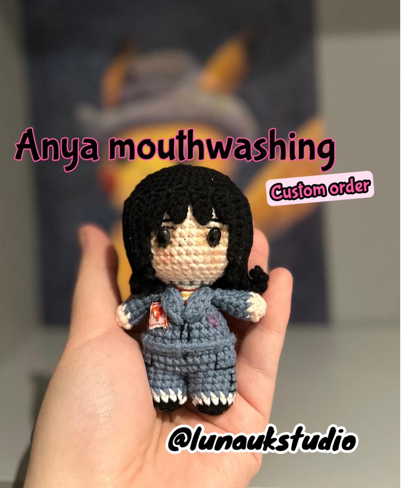 Handmade Crochet Chibi Anime Anya Mouthwashing Plushies Keychain