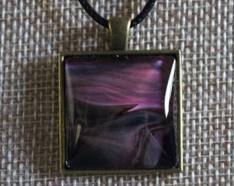 Fluid Art Square Pendant Necklace, Acrylic Paint Skin, Wearable Art