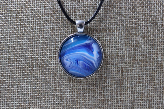 Original Acrylic Fluid Art Round Pendant Necklace, Blue and White