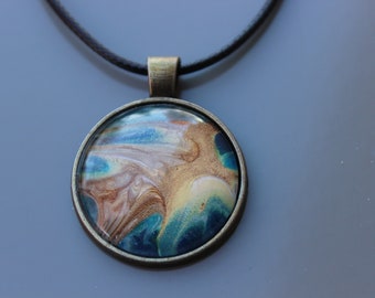 Fluid Art Round Pendant Necklace, Acrylic Paint Skin, Wearable Art