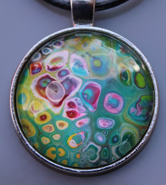 One of a Kind Acrylic Fluid Art Round Pendant Necklace, Acrylic Paint Skin Necklace, Wearable Art, Gift