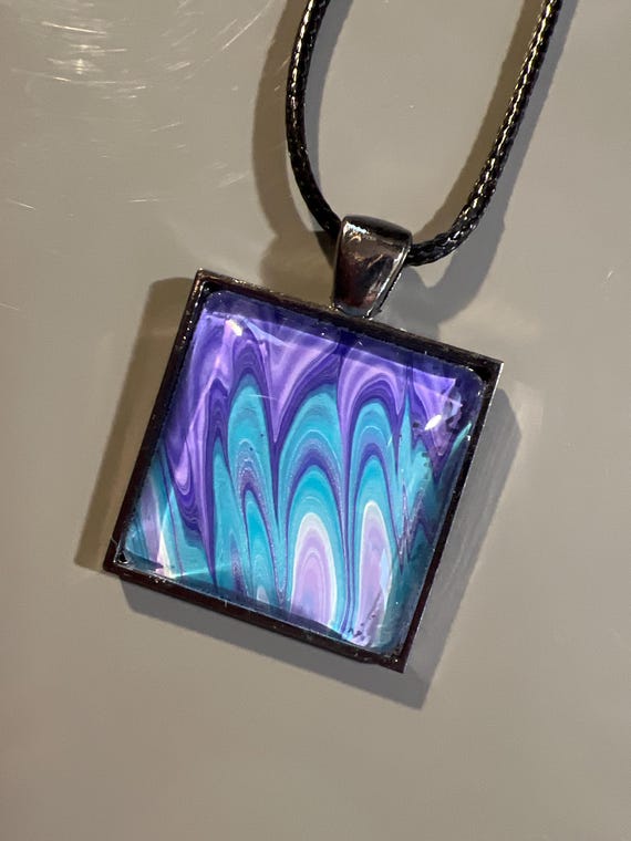 One of a Kind Acrylic Fluid Art Square Pendant Necklace, Acrylic