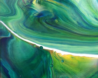 Original Abstract Fluid Art Acrylic Painting in Bright Colors of Green, Blue and White, Canvas Size 9"x12"