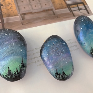 Holiday gift, Night Sky in Forest Painted rocks with metallic acrylics home Garden Decor