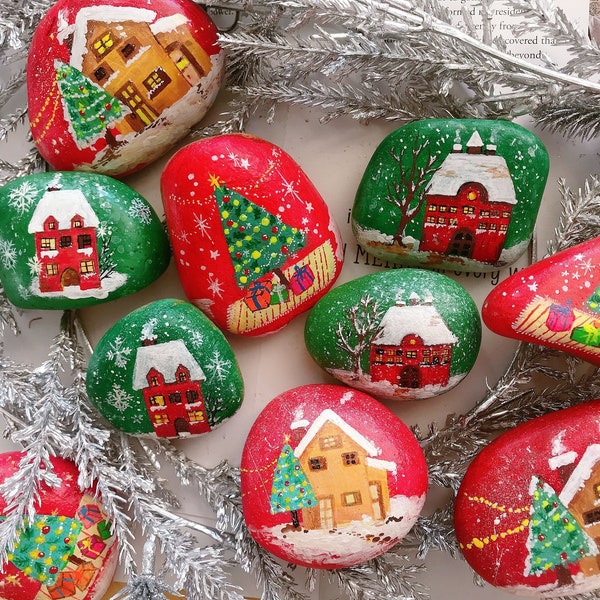 Holiday Gift, Hand Painted Christmas stones, Christmas gift,  stone art, indoor decor, gifts