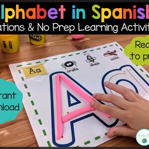 May include: A printable Spanish alphabet learning activity featuring a child using playdough to trace the letter "A". The printable includes the letter "A" in Spanish, the word "ara&ntilde;a" (spider) and other Spanish words.