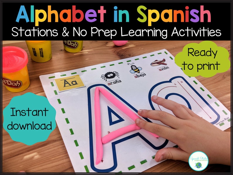 May include: A printable Spanish alphabet learning activity featuring a child using playdough to trace the letter "A". The printable includes the letter "A" in Spanish, the word "ara&ntilde;a" (spider) and other Spanish words.