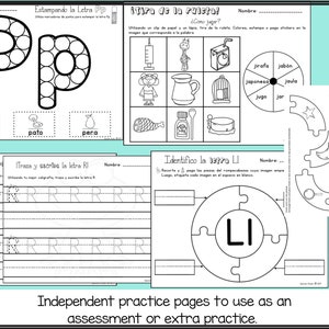 May include: Black and white printable worksheets for learning the Spanish alphabet. The worksheets feature the letters P, R, and L, with activities such as tracing, dot-to-dot, and identifying the letter.