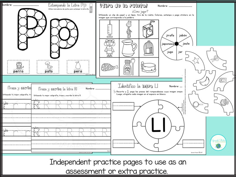 May include: Black and white printable worksheets for learning the Spanish alphabet. The worksheets feature the letters P, R, and L, with activities such as tracing, dot-to-dot, and identifying the letter.