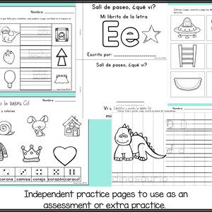 May include: Black and white printable worksheets for learning the Spanish alphabet. The worksheets feature images of a snail, a rabbit, a house, a crown, a shirt, a heart, a dinosaur, a UFO, a ladder, a hedgehog, a watermelon, a broom, and a light bulb. The worksheets include the Spanish words for each image.