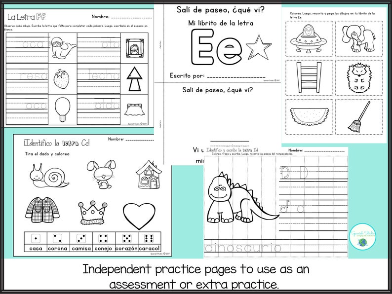 May include: Black and white printable worksheets for learning the Spanish alphabet. The worksheets feature images of a snail, a rabbit, a house, a crown, a shirt, a heart, a dinosaur, a UFO, a ladder, a hedgehog, a watermelon, a broom, and a light bulb. The worksheets include the Spanish words for each image.