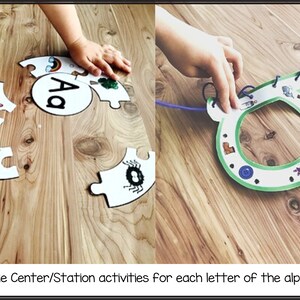 May include: Two different alphabet learning activities for preschoolers. The first activity is a puzzle with pictures of a bee, airplane, spider, and tree. The second activity is a lacing card with the letter "D" and pictures of a dolphin, a dinosaur, a donut, and a drum.
