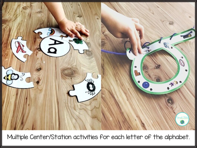 May include: Two different alphabet learning activities for preschoolers. The first activity is a puzzle with pictures of a bee, airplane, spider, and tree. The second activity is a lacing card with the letter "D" and pictures of a dolphin, a dinosaur, a donut, and a drum.