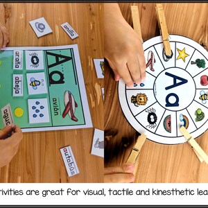 May include: A colorful learning activity for children featuring a letter A with pictures of objects that start with the letter A. The activity includes a letter wheel with clothespins, a matching game with pictures and words, and a counting activity with yellow circles.