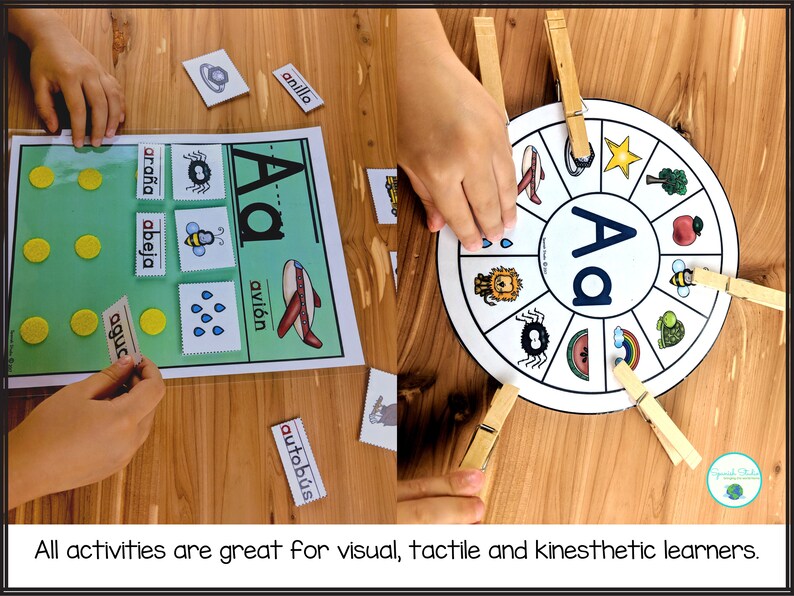 May include: A colorful learning activity for children featuring a letter A with pictures of objects that start with the letter A. The activity includes a letter wheel with clothespins, a matching game with pictures and words, and a counting activity with yellow circles.