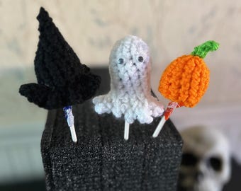 Halloween Lollipop Covers: Crochet Pumpkin, Ghost, Witch Hat (PDF Pattern)