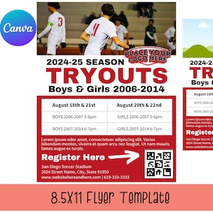 Soccer Tryouts Template, Soccer Tryouts Flyer Template, Soccer Team Poster 8.5x11, Canva Template