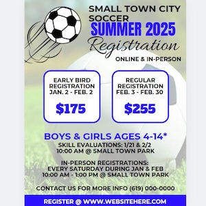 Soccer Registration Flyer, Sports Registration Flyer Template, Soccer Poster 8.5x11