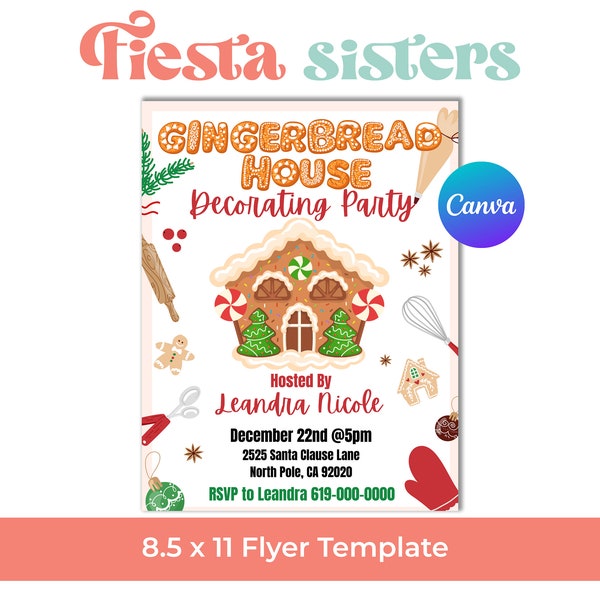 Gingerbread House Decorating Party Flyer, Gingerbread Cookie Invite, Invitation 8.5x11