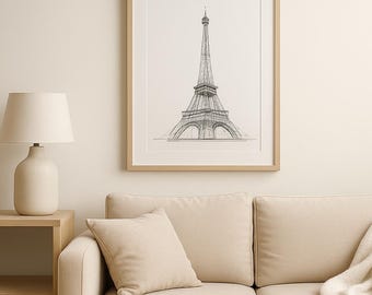 Paris Eiffel Tower Sketch Art Print, Minimalist French Decor (Digital Download)
