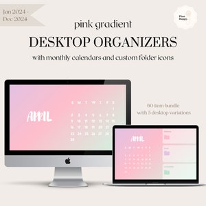 Op de afbeelding: Een digitale bureaublad-organizer met een roze verloopachtergrond en een kalender voor april. De organizer bevat een bundel van 60 items met 5 bureaubladvariaties. De tekst "Plan Happy." staat in een cirkel in de rechterbovenhoek van de afbeelding.