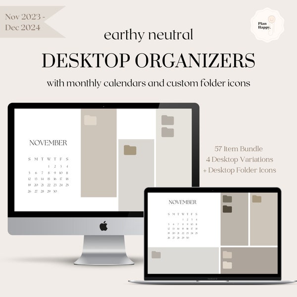 Earthy Neutral Desktop Organizer Wallpapers with Monthly Calendar (Nov 2023 - Dec 2024) + Folder Icons - School, Work, To Do, Mac, Windows