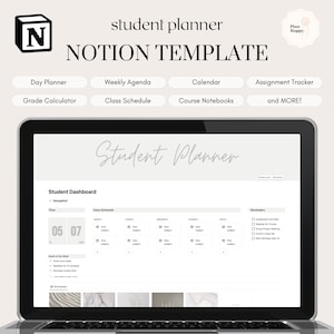 Student Planner Notion Template: All-in-One Organizer for Agenda, Calendar, Assignment Tracker, Grade Calculator + Course Notebooks, Grey