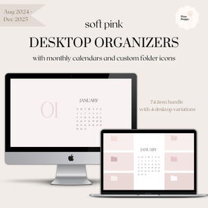 Soft Pink Desktop Organizer Wallpapers with Monthly Calendar (August 2024 - Dec 2025) + Folder Icons - School, Work, Mac, Windows, Desktop