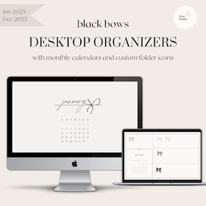 Desktop Organizer Wallpapers mit Monatskalender (Januar 2025 - Dez 2025) | Schwarze elegante Bögen | + Ordner Icons - Mac, Windows