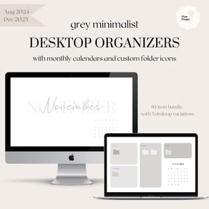 Minimalistische Graue Desktop Organizer Hintergrundbilder mit Kalender (August 2024 - Dez 2025) + Ordner-Icons | 80+ Artikel | Schule, Arbeit, Mac, Desktop