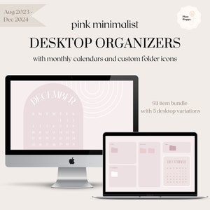 Pink Desktop Organizer Wallpapers with Monthly Calendar (Aug 2023 - Dec &#39;24) + Folder Icons | 90+ Items | School, Work, To Do, Mac, Desktop