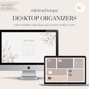 May include: A desktop organizer with a taupe color scheme featuring a calendar for September and custom folder icons. The calendar is on a computer screen with a simple line drawing of leaves. The folder icons are on a laptop screen.