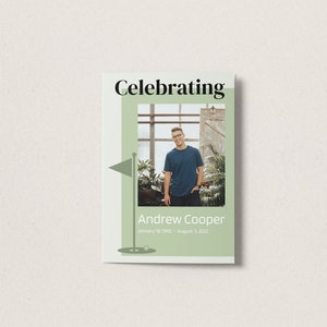 May include: A green and white memorial card with a photo of a man in a blue shirt. The card says "Celebrating Andrew Cooper January 12, 1993 - August 3, 2023" and has a golf flag and golf ball graphic.