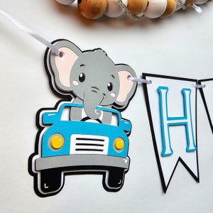 Personalized Blue Elephant in Car Baby Shower Banner | Baby Blue Elephant Birthday Banner | Custom First Birthday Sign | Baby Elephant Decor