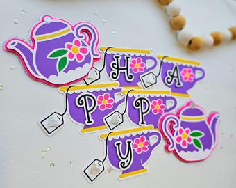 Personalized Tea Party Banner: Purple Teapot Decor