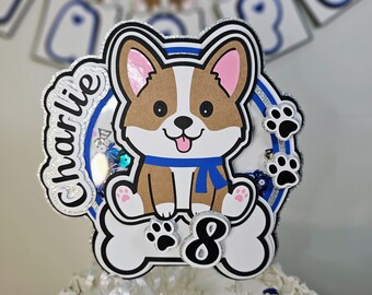 Corgi Happy Birthday Shaker Cake Topper Centerpiece | Puppy Cake Topper for Baby Shower | Customize Name & Age Dog Cake Topper Party Decor