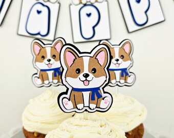 Corgi Cupcake Toppers | Custom Puppy Dog Pink or Blue Collar Cupcake | Corgi Birthday Dessert Toppers | Corgi Puppy Baby Shower Cake Toppers