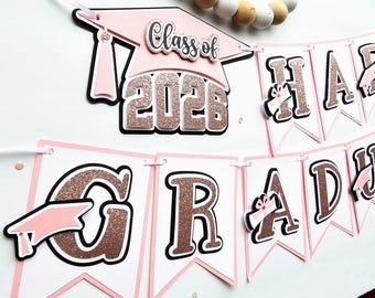 Personalized Pink Graduation Banner 2026: Rose Gold Glitter